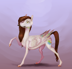 Size: 1385x1326 | Tagged: safe, artist:eugenchen, imported from derpibooru, oc, oc only, oc:wolfie drawie, pegasus, pony, abstract background, female, mare, mouth hold, paintbrush, solo