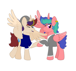 Size: 2303x2140 | Tagged: safe, artist:kosmiktym, imported from derpibooru, oc, oc:covet-dawndrop, oc:stardew-serandite, alicorn, pony, clothes, horn, male, multiple characters, simple background, stallion, transparent background, wings