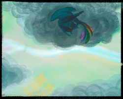 Size: 1024x823 | Tagged: safe, artist:eugenchen, imported from derpibooru, rainbow dash, pegasus, pony, cloud, curled up, female, mare, on a cloud, sleeping, solo