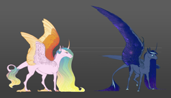 Size: 3605x2059 | Tagged: safe, artist:eugenchen, imported from derpibooru, princess celestia, princess luna, alicorn, pony, alternate design, claws, colored wings, colored wingtips, curved horn, female, gradient background, horn, leonine tail, mare, spread wings, tail, unshorn fetlocks, wing claws, wings