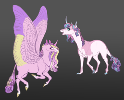 Size: 2357x1900 | Tagged: safe, artist:eugenchen, imported from derpibooru, princess cadance, princess flurry heart, alicorn, pony, unicorn, alternate design, colored wings, colored wingtips, curved horn, female, gradient background, horn, mare, race swap, spread wings, wings