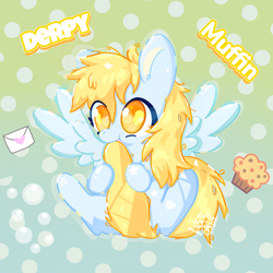 Size: 4200x4200 | Tagged: safe, artist:winstiky, imported from derpibooru, derpy hooves, pegasus, blue coat, cute, derpabetes, food, gradient background, mail, muffin, name, solo, tail, text, yellow eyes, yellow mane, yellow tail