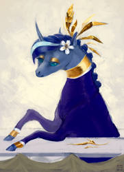 Size: 1600x2212 | Tagged: safe, artist:eugenchen, imported from derpibooru, princess luna, pony, unicorn, alternate design, bangles, curved horn, female, flower, flower in hair, horn, mare, race swap, solo, table, unicorn luna