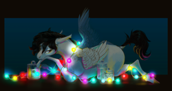 Size: 3649x1929 | Tagged: safe, artist:eugenchen, imported from derpibooru, oc, oc only, pegasus, pony, abstract background, christmas, christmas lights, holiday, jar, solo, spread wings, wings