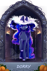 Size: 1625x2445 | Tagged: safe, artist:alrumoon_art, artist:dorry, imported from derpibooru, princess luna, alicorn, pony, clothes, cloud, collaboration, collaboration:nightmare night event (2022), female, hat, looking at you, mare, pumpkin, solo