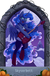 Size: 1625x2445 | Tagged: safe, artist:alrumoon_art, artist:skysorbett, imported from derpibooru, princess luna, alicorn, semi-anthro, boots, chest fluff, clothes, collaboration, collaboration:nightmare night event (2022), fangs, female, flying, guitar, mountain, musical instrument, shoes, slit pupils, solo, tanktop, unshorn fetlocks