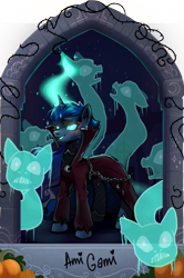 Size: 1625x2445 | Tagged: safe, artist:alrumoon_art, artist:ami-gami, imported from derpibooru, princess luna, ghost, pony, undead, unicorn, clothes, collaboration, collaboration:nightmare night event (2022), female, glowing, glowing eyes, horn, magic, mare, race swap, solo, unicorn luna