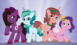 Size: 2400x1425 | Tagged: safe, artist:prixy05, imported from derpibooru, pipp petals, oc, oc:cherry cherise, oc:prixy, oc:tmoney, earth pony, pegasus, pony, unicorn, colored sclera, female, friends, g5, group, horn, mare, my little pony: tell your tale, quartet