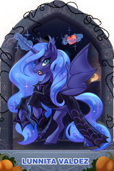 Size: 1625x2445 | Tagged: safe, artist:alrumoon_art, artist:lunnita_pony, imported from derpibooru, princess luna, alicorn, bat pony, bat pony alicorn, pony, apple, bat wings, clothes, collaboration, collaboration:nightmare night event (2022), fangs, female, food, horn, magic, mare, rearing, spread wings, telekinesis, wings