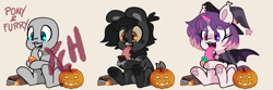 Size: 4500x1500 | Tagged: safe, artist:lionbun, imported from derpibooru, oc, oc:wanda, anthro, pony, advertisement, candy, chibi, commission, food, furry, halloween, holiday, jack-o-lantern, large tongue, licking, pumpkin, tongue out, ych example, your character here