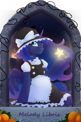 Size: 1625x2445 | Tagged: safe, artist:alrumoon_art, artist:melodylibris, imported from derpibooru, princess luna, alicorn, pony, clothes, collaboration, collaboration:nightmare night event (2022), cosplay, costume, dress, female, kirisame marisa, mare, pumpkin, smiling, solo, stars, tangible heavenly object, touhou