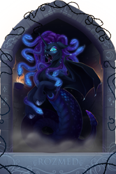 Size: 1625x2445 | Tagged: safe, artist:alrumoon_art, artist:rozmed, imported from derpibooru, princess luna, gorgon, pony, snake, bat wings, collaboration, collaboration:nightmare night event (2022), fangs, female, forked tongue, mare, solo, unshorn fetlocks, wings