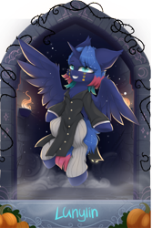 Size: 4000x5977 | Tagged: safe, artist:alrumoon_art, artist:lunylin, imported from derpibooru, princess luna, alicorn, pony, clothes, collaboration, collaboration:nightmare night event (2022), constellation hair, female, flying, mare, solo, spread wings, wings