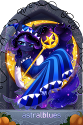 Size: 1625x2445 | Tagged: safe, artist:alrumoon_art, artist:astralblues, imported from derpibooru, princess luna, alicorn, pony, semi-anthro, chest fluff, clothes, collaboration, collaboration:nightmare night event (2022), cookie run, cosplay, costume, crescent moon, dress, ear tufts, female, key, looking at you, mare, moon, moonlight cookie, smiling, smiling at you, solo, tangible heavenly object