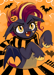 Size: 1583x2173 | Tagged: safe, artist:krista-21, imported from derpibooru, oc, oc only, bat, bat pony, >:d, bat ears, bat pony oc, bat wings, blushing, chest fluff, clothes, cute, ear fluff, fangs, female, heart, hooves, looking at you, mare, messy mane, mlp fim's fourteenth anniversary, open mouth, open smile, orange background, pumpkin, raised hoof, scarf, simple background, smiling, solo, spread wings, wings, yellow eyes