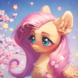 Size: 922x922 | Tagged: safe, imported from derpibooru, blossom, fluttershy, pegasus, pony, ai assisted, ai content, ai generated, beautiful, blushing, cherry blossoms, cute, detailed, ear fluff, embarrassed, flower, flower blossom, flower in hair, fluffy, generator:purplesmart.ai, generator:stable diffusion, green eyes, happy, long hair, night, pink mane, prompter:saltyvity, smiling, solo, stars, wings