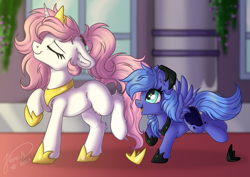 Size: 4093x2894 | Tagged: safe, artist:julunis14, imported from derpibooru, princess celestia, princess luna, pegasus, pony, unicorn, blank flank, cewestia, crown, duo, duo female, ear fluff, eyes closed, female, filly, filly luna, floppy ears, foal, high res, hoof shoes, horn, indoors, jewelry, leg fluff, open mouth, open smile, pegasus luna, peytral, princess shoes, profile, race swap, raised hoof, regalia, royal sisters, siblings, side view, signature, sisters, smiling, tail, unicorn celestia, woona, younger