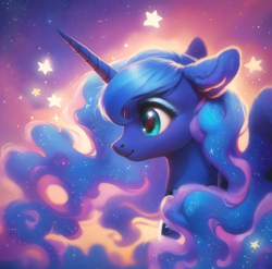 Size: 918x907 | Tagged: safe, imported from derpibooru, princess luna, alicorn, pony, ai assisted, ai content, ai generated, beautiful, blue background, blue mane, cute, ear fluff, fluffy, generator:purplesmart.ai, generator:stable diffusion, green eyes, long hair, makeup, night, prompter:saltyvity, simple background, smiling, solo, stars, the cosmos, wallpaper