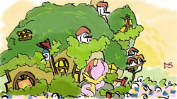 Size: 1536x864 | Tagged: artist needed, source needed, safe, imported from derpibooru, fluttershy, pegasus, pony, female, fluttershy's cottage, mare, solo