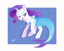 Size: 1700x1358 | Tagged: safe, artist:sion, imported from derpibooru, part of a set, rarity, mermaid, pony, unicorn, clothes, costume, dress, female, halloween, halloween costume, holiday, horn, lidded eyes, mare, mermaid costume, mermarity, nightmare night costume, open mouth, open smile, passepartout, rarity's mermaid dress, signature, simple background, smiling, solo, white background