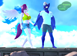 Size: 1335x990 | Tagged: safe, artist:dennisonsfm, pipp petals, oc, oc only, anthro, 3d, barefoot, breasts, clothes, duo male and female, feet, female, looking at each other, toenails