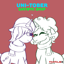 Size: 1080x1080 | Tagged: safe, artist:fantaje3, imported from derpibooru, unicorn, blushing, clothes, coat markings, dapple, dappled, dappleonyx, duo, duo male and female, eyes closed, female, g5, heart, horn, male, mare, nuzzling, onyx, scarf, shipping, smiling, stallion, straight, unitober 2024