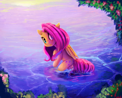 Size: 2500x2000 | Tagged: safe, alternate version, artist:miokomata, imported from derpibooru, fluttershy, pegasus, pony, butt, female, flower, high res, looking at you, looking back, mare, plot, signature, solo, water