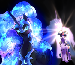 Size: 1997x1741 | Tagged: safe, artist:not-ordinary-pony, derpibooru exclusive, imported from derpibooru, nightmare moon, twilight sparkle, alicorn, unicorn, angry, crepuscular rays, duo, element of magic, ethereal mane, female, galaxy mane, horn, mare, mlp fim's fourteenth anniversary, twilight sparkle (alicorn), ultimate twilight, unicorn twilight