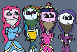 Size: 1369x920 | Tagged: safe, artist:mattjohn1992, imported from derpibooru, pinkie pie, rainbow dash, rarity, twilight sparkle, human, equestria girls, bondage, bound and gagged, cloth gag, clothes, crown, dress, gag, humanized, jewelry, regalia