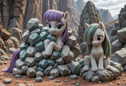 Size: 2432x1664 | Tagged: safe, imported from derpibooru, marble pie, maud pie, earth pony, pony, ai content, ai generated, buried, chest fluff, cloud, duo, duo female, female, generator:stable diffusion, lidded eyes, mare, mountain, outdoors, pie sisters, prompter:sajrep, rock, semi-realistic, siblings, sisters, sitting, smiling, that pony sure does love rocks, when she smiles