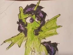 Size: 3637x2728 | Tagged: safe, artist:lamimaster, derpibooru exclusive, imported from derpibooru, oc, oc only, oc:dolores, pony, bat wings, female, gift art, horn, mare, solo, traditional art, watercolor painting, wings