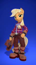 Size: 2160x3840 | Tagged: safe, artist:owlpirate, imported from derpibooru, applejack, earth pony, semi-anthro, 3d, 4k, boots, clothes, cowboy boots, cowboy hat, female, gradient background, hat, hat off, high res, hoof hold, hoof on hip, lidded eyes, looking at you, mare, plaid shirt, shirt, shoes, smiling, smiling at you, solo, source filmmaker