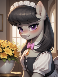 Size: 1496x2000 | Tagged: safe, imported from derpibooru, octavia melody, earth pony, pony, ai content, ai generated, blushing, clothes, ear fluff, flower, generator:pony diffusion v6 xl, generator:stable diffusion, indoors, jewelry, looking at you, maid, maid headdress, necklace, prompter:lager ai, smiling, smiling at you, solo