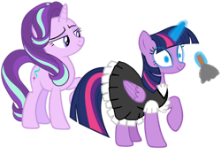 Size: 1280x893 | Tagged: safe, artist:kingdom-of-rp, imported from derpibooru, starlight glimmer, twilight sparkle, alicorn, pony, unicorn, clothes, duo, duster, female, glowing, glowing horn, happy trance, horn, hypnosis, hypnotized, maid, mare, smiling, smirk, twilight sparkle (alicorn)