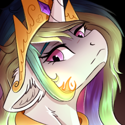 Size: 600x600 | Tagged: safe, artist:decemberbreeze, imported from derpibooru, princess celestia, alicorn, pony, angry, bust, crown, female, fire, floppy ears, frown, jewelry, mare, portrait, ragelestia, regalia, solo, this will end in daybreaker