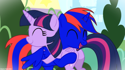 Size: 1803x1007 | Tagged: safe, artist:stephen-fisher, imported from derpibooru, twilight sparkle, oc, oc:stephen (stephen-fisher), alicorn, pony, butt, duo, duo male and female, eyes closed, female, hug, male, mare, plot, twilight sparkle (alicorn)