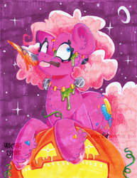 Size: 2530x3285 | Tagged: safe, artist:maniczombiedreamgirl, imported from derpibooru, pinkie pie, earth pony, 2024, :3, blue eyes, bolts, cheek fluff, chest fluff, clothes, costume, crescent moon, cute, diapinkes, ear fluff, female, frankenpony, halloween, holiday, inverted colors, jack-o-lantern, knife, looking at you, mlp fim's fourteenth anniversary, moon, mouth hold, night, night sky, nightmare night, nightmare night costume, pigtails, pink coat, pink hooves, pink mane, pink tail, pumpkin, redesign, sky, slime, smiling, solo, stars, stitched body, stitches, tail, tongue out, traditional art, unshorn fetlocks, vine, watermark