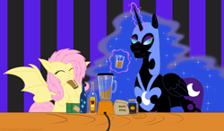 Size: 2420x1409 | Tagged: safe, artist:earthquake87, imported from derpibooru, fluttershy, nightmare moon, alicorn, bat pony, pony, apple cider, bag, bat ponified, blender (object), bottle, box, cheek bulge, drink, drinking, drinking glass, ethereal mane, eyes closed, female, flutterbat, food, glass, glowing, glowing horn, helmet, horn, jar, magic, mare, race swap, simple background, spread wings, starry mane, starry tail, tail, telekinesis, wings