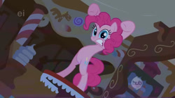 Size: 1280x720 | Tagged: safe, imported from derpibooru, screencap, pinkie pie, bridle gossip, bipedal, female, hub logo, logo, the hub