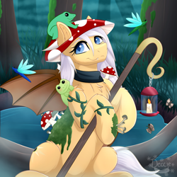 Size: 2000x2000 | Tagged: safe, artist:decemberbreeze, imported from derpibooru, oc, oc only, bat pony, frog, pony, bat pony oc, bat wings, lantern, mushroom, solo, staff, wings