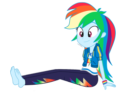 Size: 1115x853 | Tagged: safe, artist:paco777yuyu, imported from derpibooru, rainbow dash, human, equestria girls, barefoot, clothes, feet, female, fetish, foot fetish, jacket, pants, shirt, simple background, sitting, transparent background