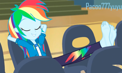 Size: 1906x1146 | Tagged: safe, artist:paco777yuyu, imported from derpibooru, rainbow dash, human, equestria girls, barefoot, clothes, eyes closed, feet, feet up, female, fetish, foot fetish, foot focus, jacket, pants, shirt, smiling, tomboy