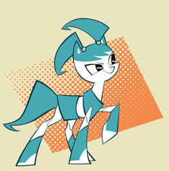 Size: 2826x2866 | Tagged: safe, artist:glacierclear, imported from derpibooru, oc, oc only, earth pony, pony, robot, robot pony, abstract background, coat markings, commission, concave belly, female, jenny wakeman, mare, my life as a teenage robot, pigtails, raised hoof, slender, smiling, socks (coat markings), solo, tail, thin, twintails