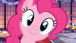 Size: 1920x1080 | Tagged: safe, imported from derpibooru, screencap, pinkie pie, earth pony, pony, season 2, sweet and elite, balloon, confetti, female, looking at you, mare, present, smiling, solo