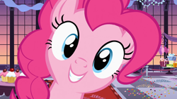 Size: 1920x1080 | Tagged: safe, imported from derpibooru, screencap, pinkie pie, earth pony, pony, season 2, sweet and elite, balloon, confetti, female, looking at you, mare, present, smiling, solo