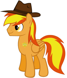 Size: 1480x1720 | Tagged: safe, artist:rogan140, imported from derpibooru, oc, oc only, oc:firey ratchet, pegasus, badge, detective, fedora, hat, male, simple background, stallion, transparent background