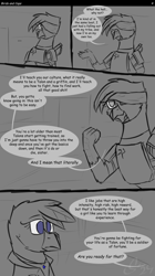 Size: 2200x3924 | Tagged: safe, artist:somber, imported from derpibooru, oc, oc only, oc:gaela, oc:sapphire horizons, griffon, comic:birds and caps, fallout equestria, comic, monochrome