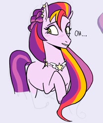 Size: 932x1117 | Tagged: safe, artist:peachmichea, imported from derpibooru, part of a set, earth pony, pony, ear piercing, earring, eyebrows, eyebrows visible through hair, eyelashes, eyeshadow, female, g5, jewelry, long mane, looking sideways, makeup, mare, necklace, piercing, raised hoof, solo, striped mane, velvet starscout