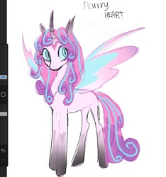 Size: 1394x1491 | Tagged: safe, artist:peachmichea, imported from derpibooru, princess flurry heart, alicorn, changeling, hybrid, pony, art program in frame, colored, colored sketch, concave belly, curved horn, english, female, gradient horn, half changeling, horn, mare, sketch, slender, solo, standing, thin