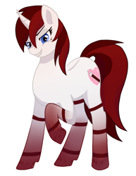 Size: 920x1190 | Tagged: safe, artist:av, imported from derpibooru, oc, oc only, oc:blood drop, pony, unicorn, bedroom eyes, blue eyes, gradient legs, horn, red hair, red mane, sharp teeth, simple background, solo, teeth, white background, white coat